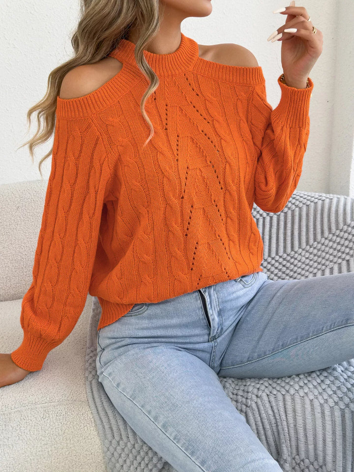 Orange Cold shoulder cable knit mock neck sweater