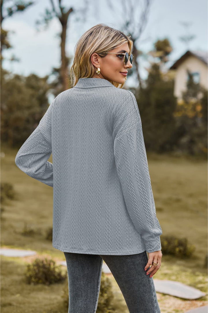 Textured knit collared top with half-button placket