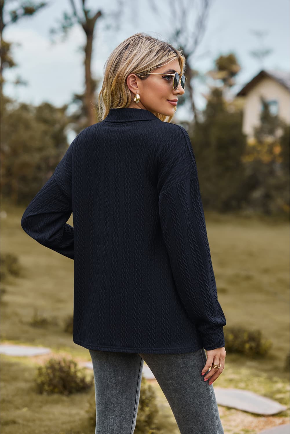 Textured knit collared top with half-button placket