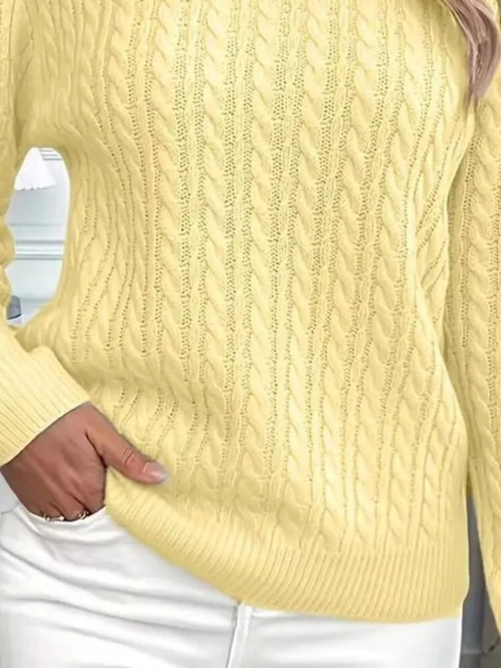 Cable knit crew neck pullover sweater with ribbed trim