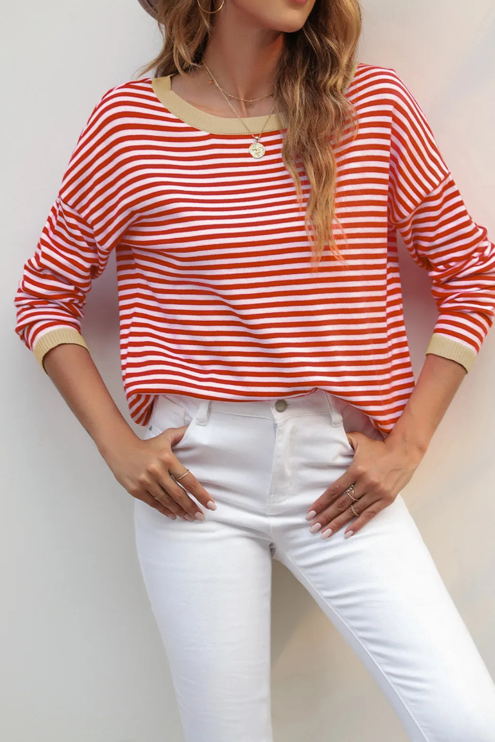 Contrast-trim striped drop-shoulder long sleeve knit top
