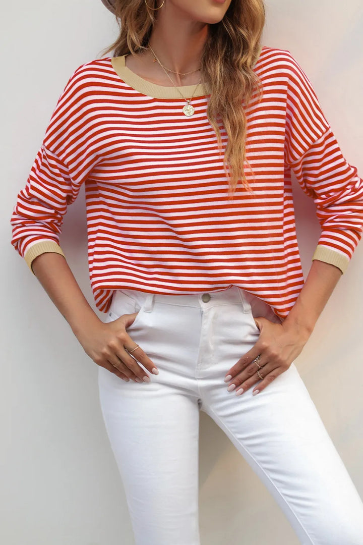 Contrast-trim striped drop-shoulder long sleeve knit top