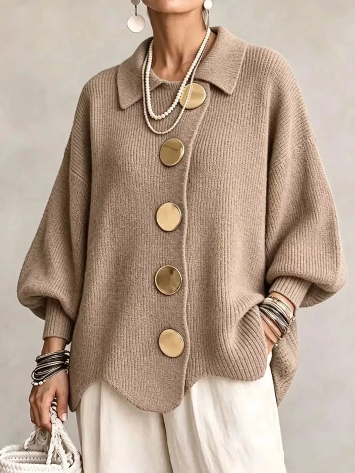 Khaki Oversized gold button ribbed knit collared cardigan