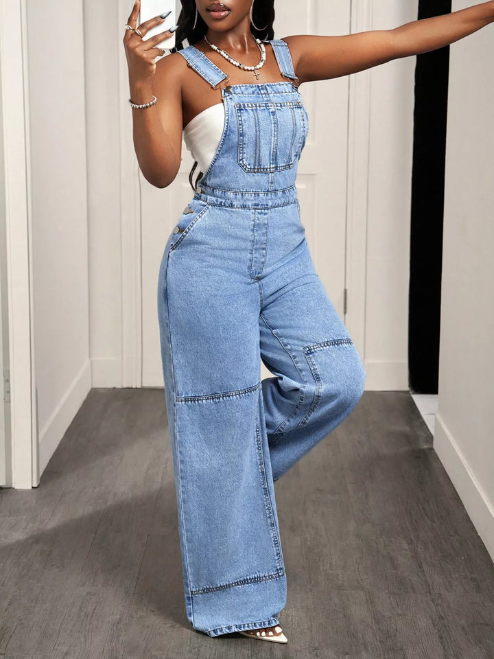 Wide leg denim overalls with bib pocket and side buttons