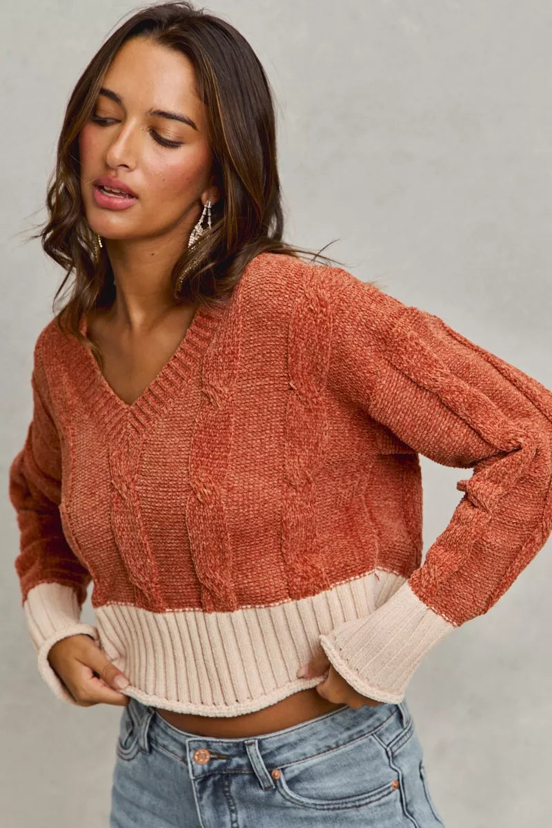 Chenille cable knit v-neck cropped sweater with contrast trim