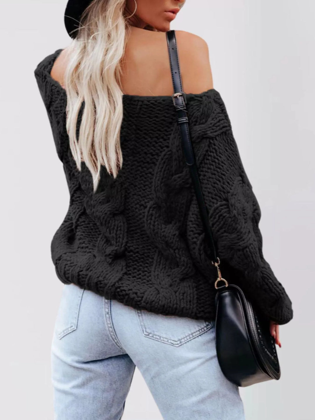 Oversized chunky cable knit pullover with wide boat neck
