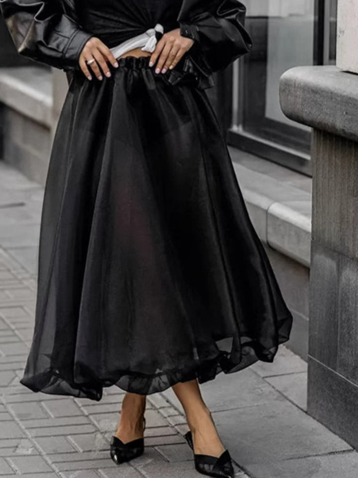 Semi-sheer flowy midi skirt with gathered elastic waist