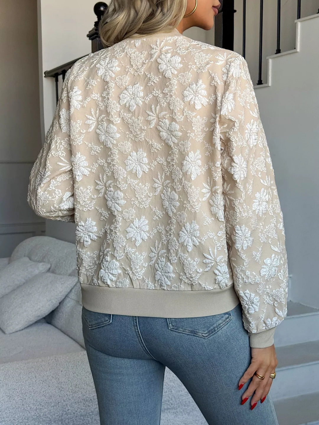 Textured floral zip-up bomber jacket with ribbed trim