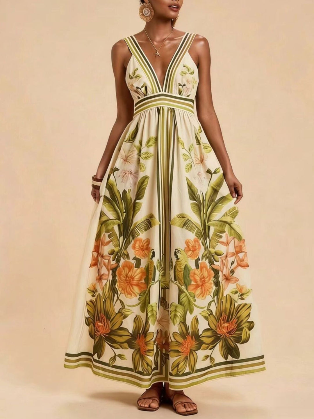 Tropical floral V-neck maxi dress with striped trim and smocked back