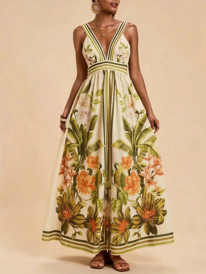 Tropical floral V-neck maxi dress with striped trim and smocked back