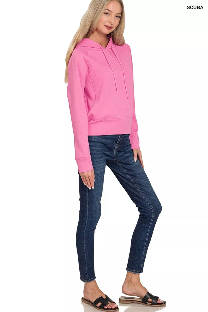 Scuba knit drawstring pullover hoodie with ribbed hem