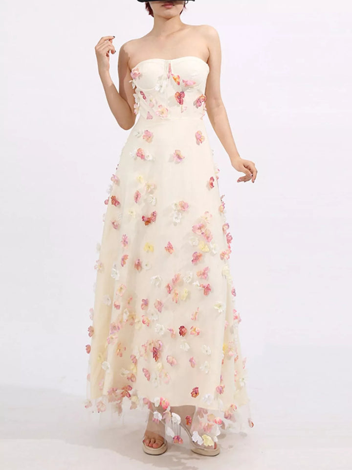 Strapless tulle maxi dress with 3D floral appliques