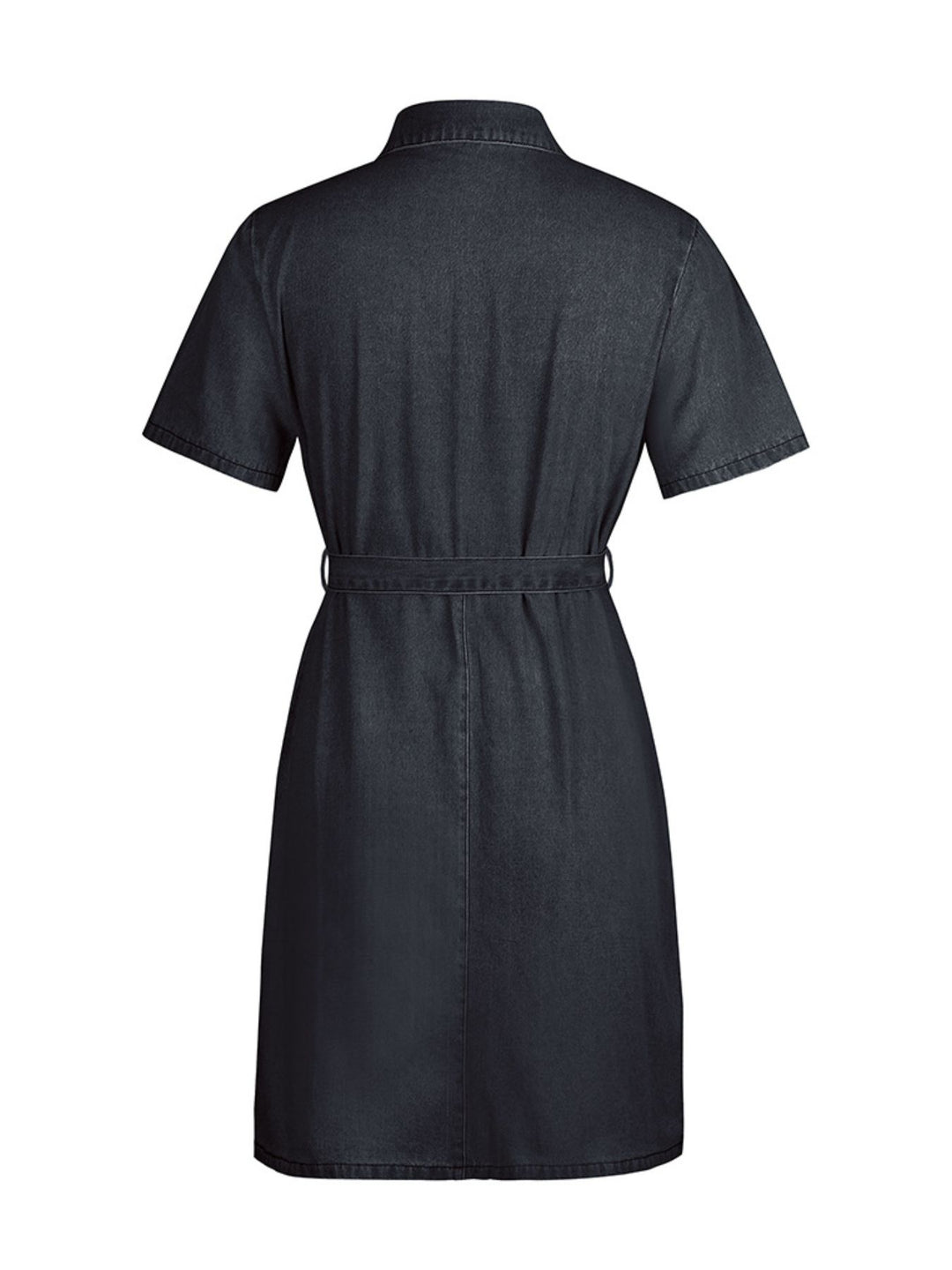 Zip front short sleeve denim mini dress with tie waist