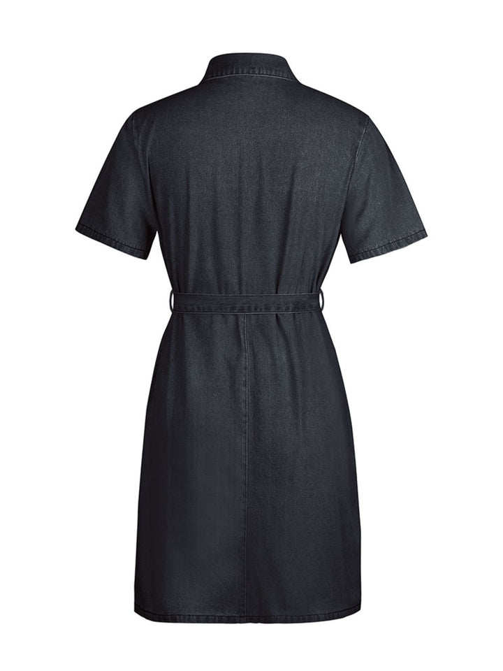 Zip front short sleeve denim mini dress with tie waist
