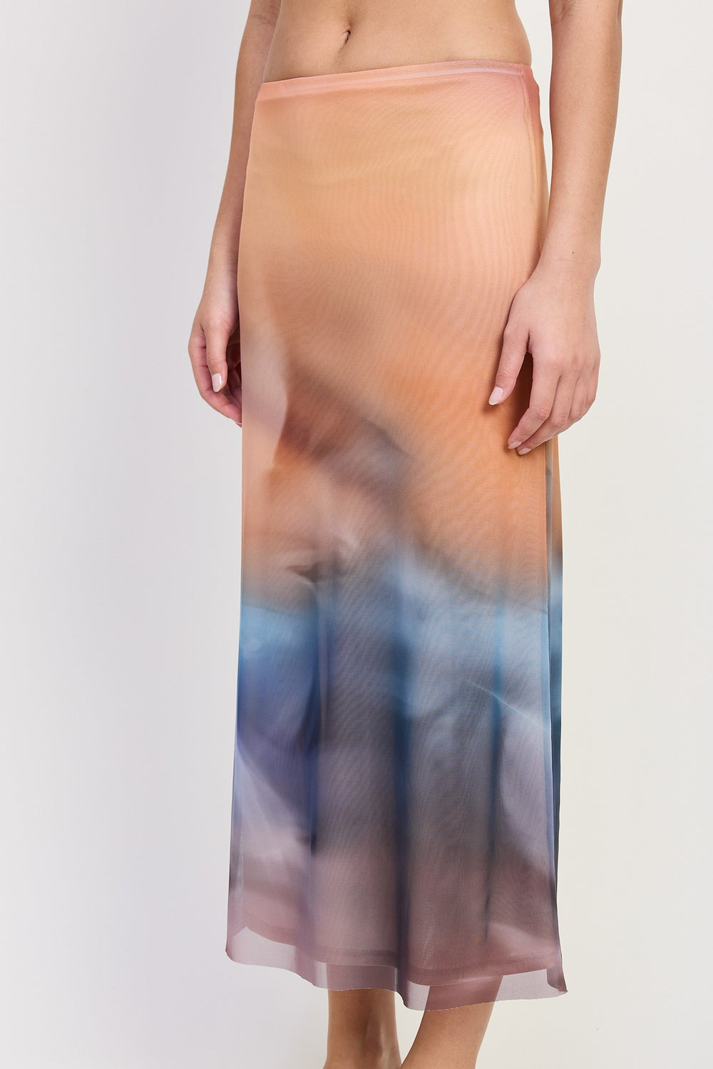 Sheer mesh midi skirt with abstract sunset print - ORANGE COMBO