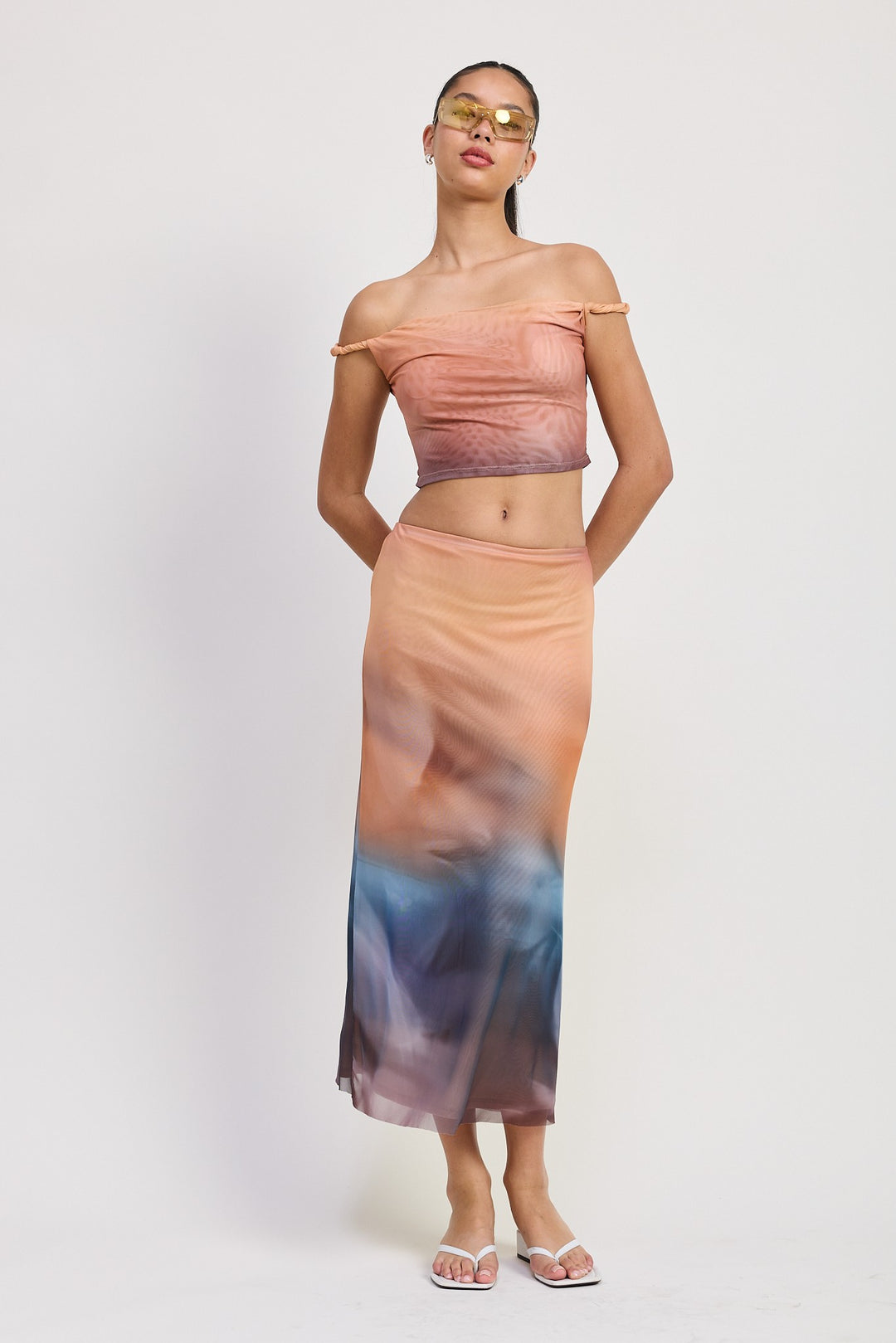 Sheer mesh midi skirt with abstract sunset print - Multicolor