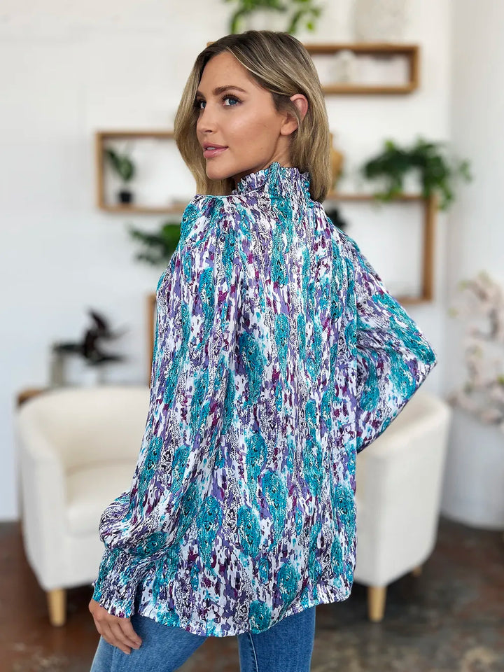 Printed smocked frill mock neck long sleeve blouse
