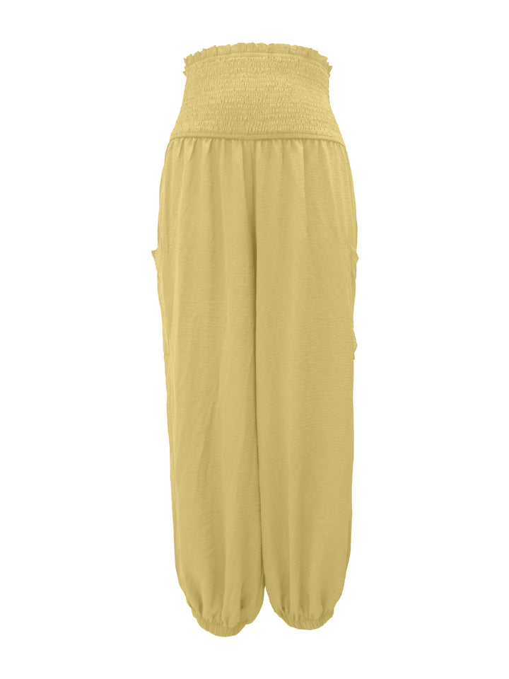 High-rise smocked harem pants with side pockets