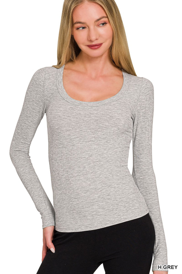 Fitted ribbed knit scoop neck long sleeve top