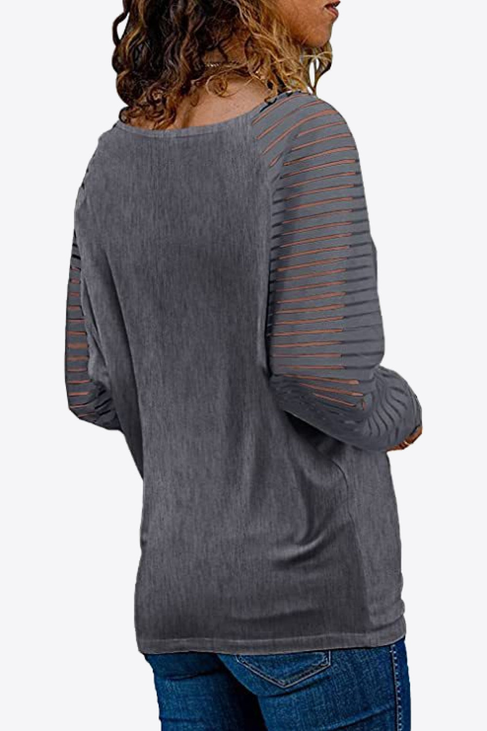 Semi-sheer striped raglan sleeve V-neck top