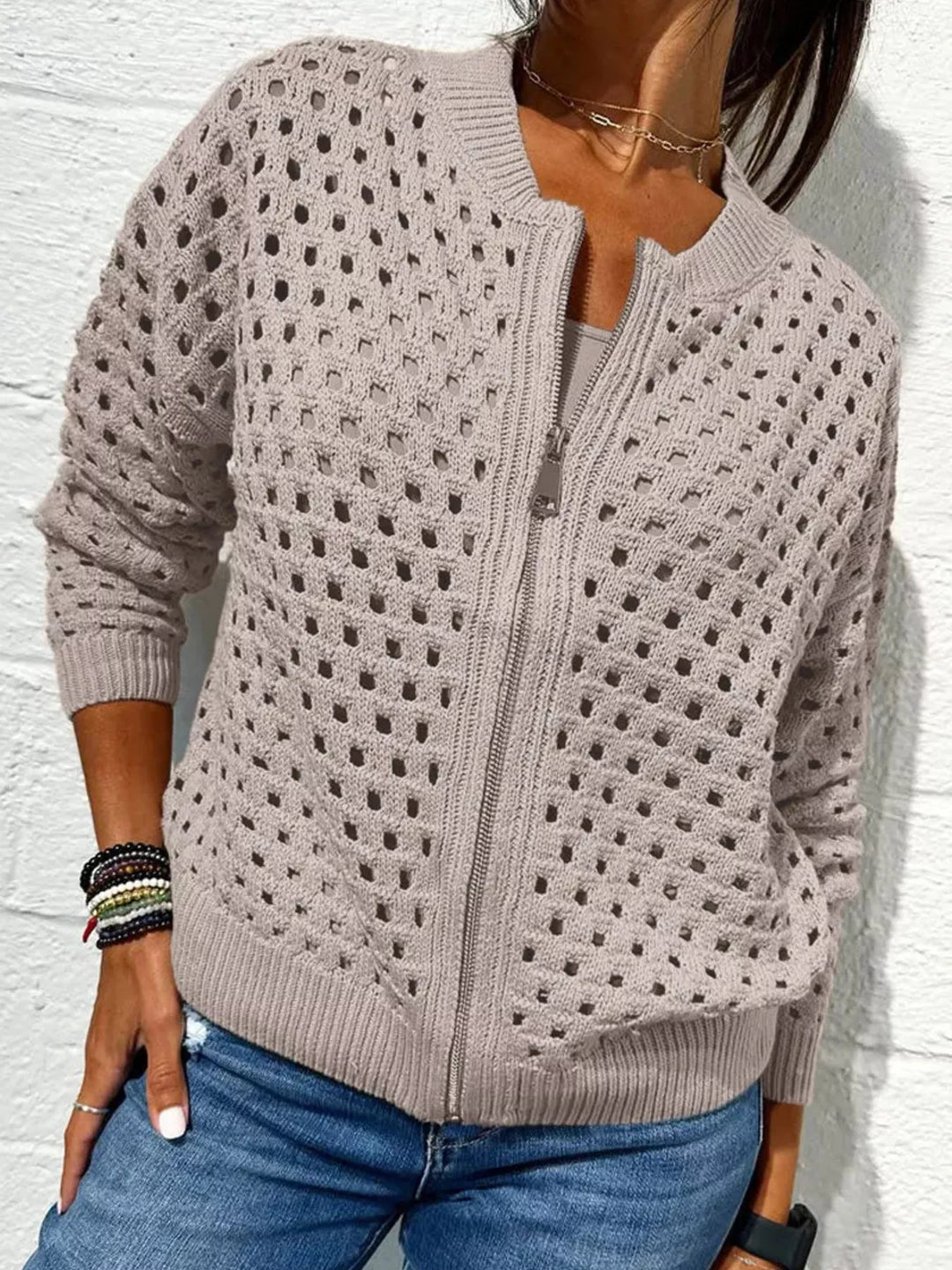 Khaki Open-knit zip-up bomber cardigan with ribbed trim