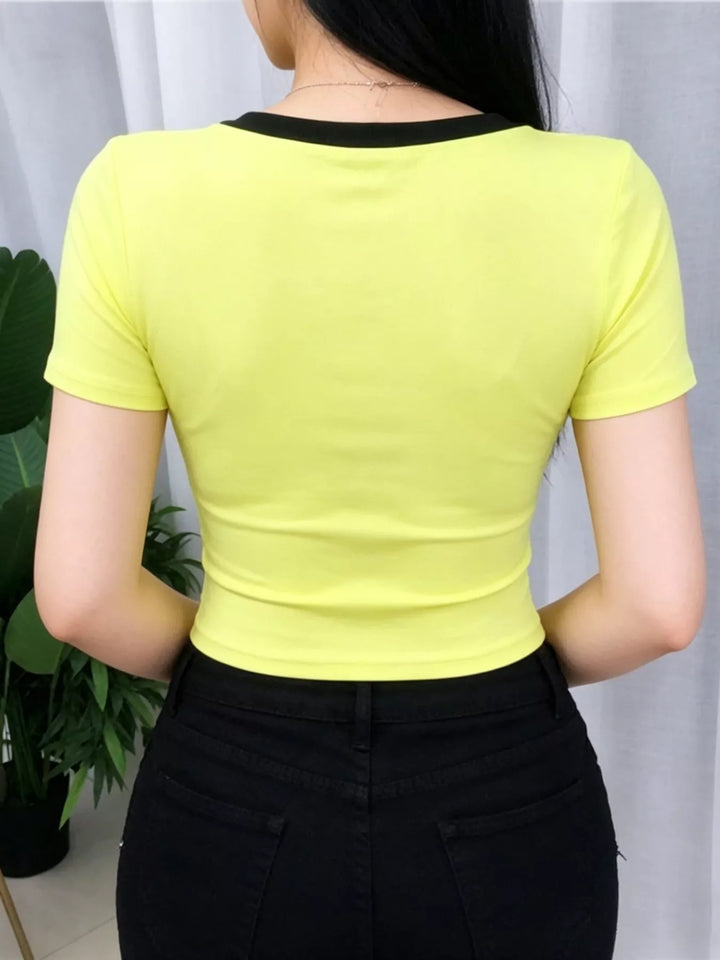 Contrast trim deep V-neck short sleeve crop top