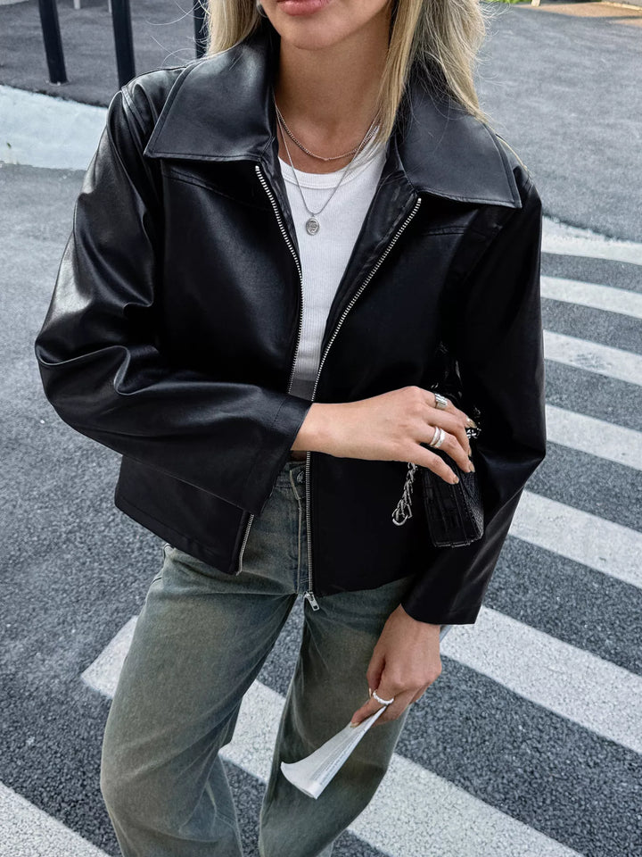 Collared faux leather zip-up jacket with patch pockets