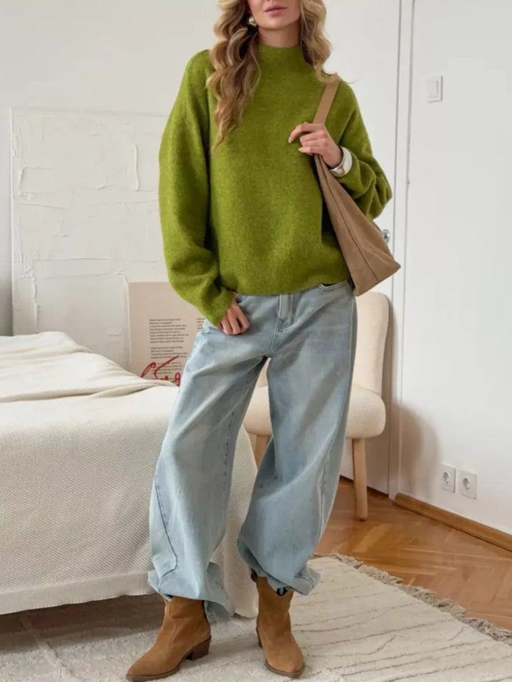 Ribbed mock neck dropped shoulder knit sweater
