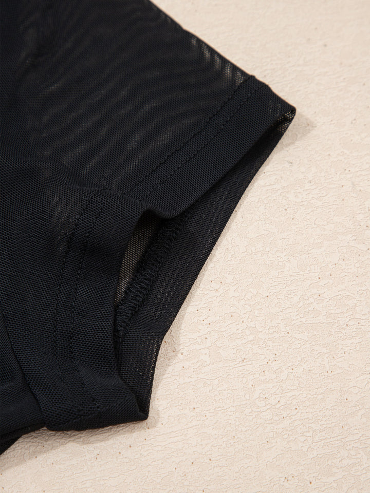 Sheer mesh yoke cap sleeve top with ruched waist