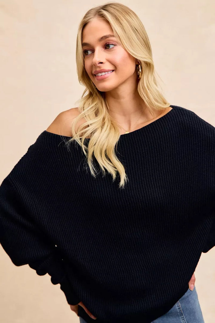 Ribbed knit off-shoulder sweater with long sleeves
