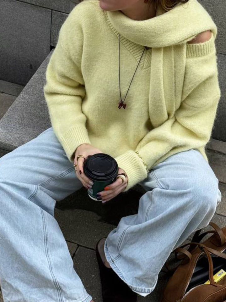 Oversized dropped-shoulder knit sweater with scarf