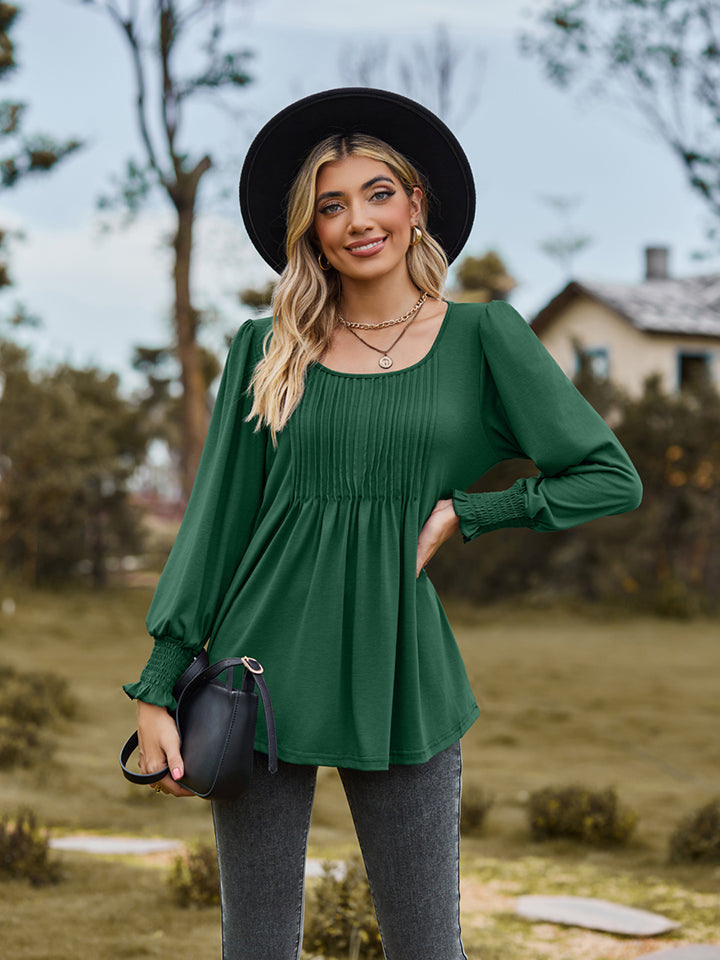Pintuck pleated puff sleeve blouse with smocked cuffs