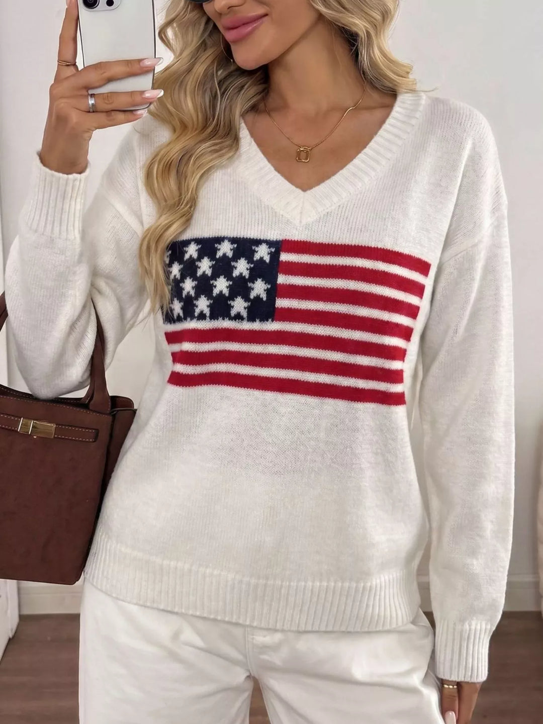 American flag knit V-neck sweater with ribbed trim