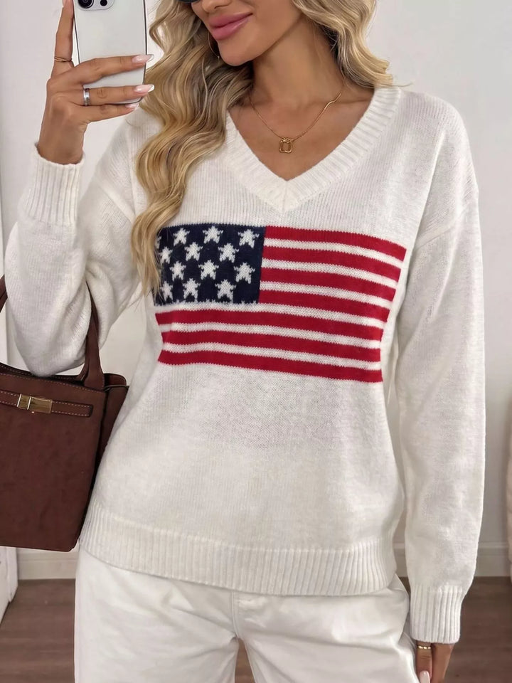 American flag knit V-neck sweater with ribbed trim