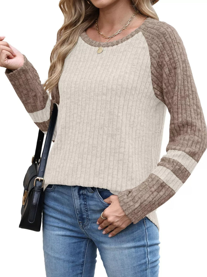 Ribbed knit raglan long sleeve top with varsity stripe sleeves