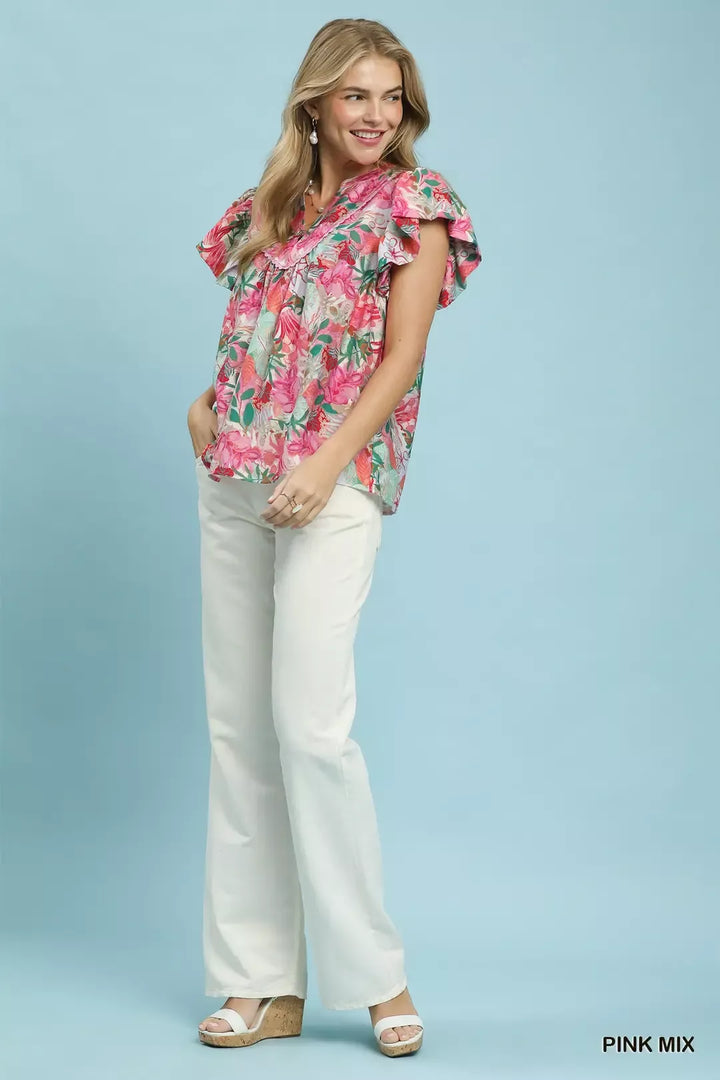 Tiered ruffle cap sleeve floral blouse with lace V-neck