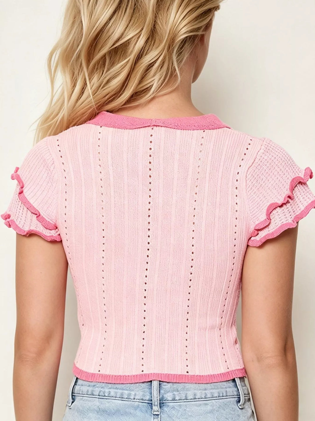 Ribbed knit crop top with Peter Pan collar and ruffle sleeves