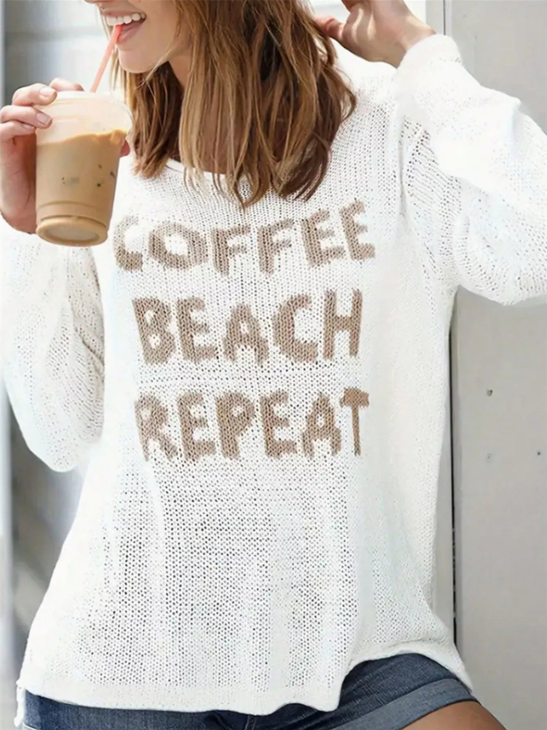 Coffee Beach Repeat open-knit long sleeve top with side slit