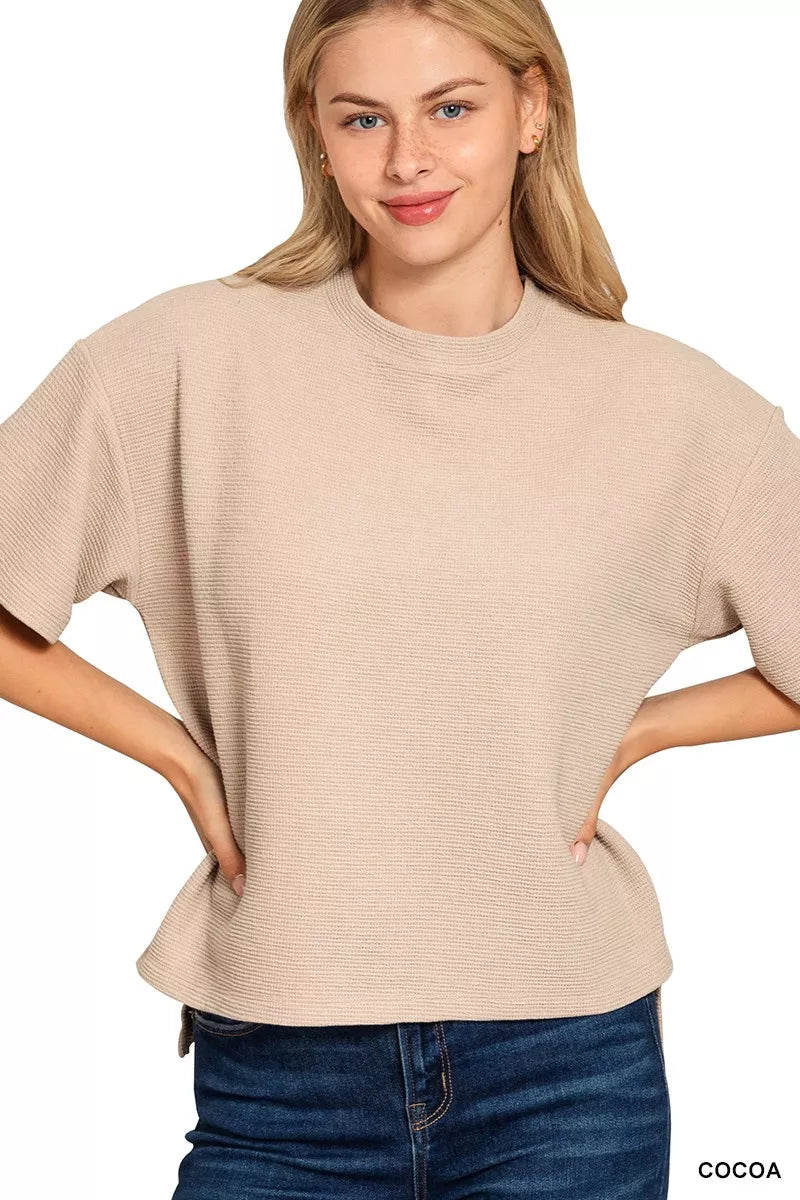 COCOA Textured double knit crew neck top with side slits and hi-low hem