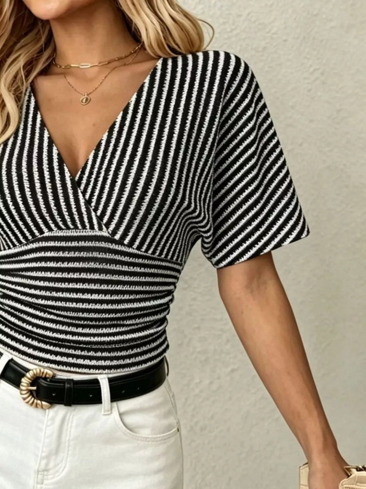 Striped surplice wrap V-neck short sleeve crop top