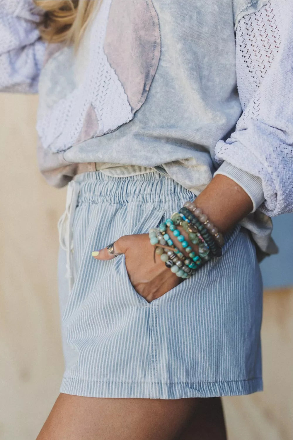 Pinstripe drawstring cotton shorts with side pockets