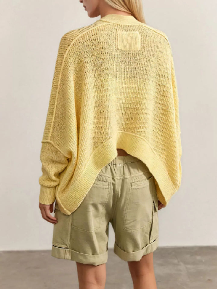 Open-front waffle knit cardigan with ribbed cuffs