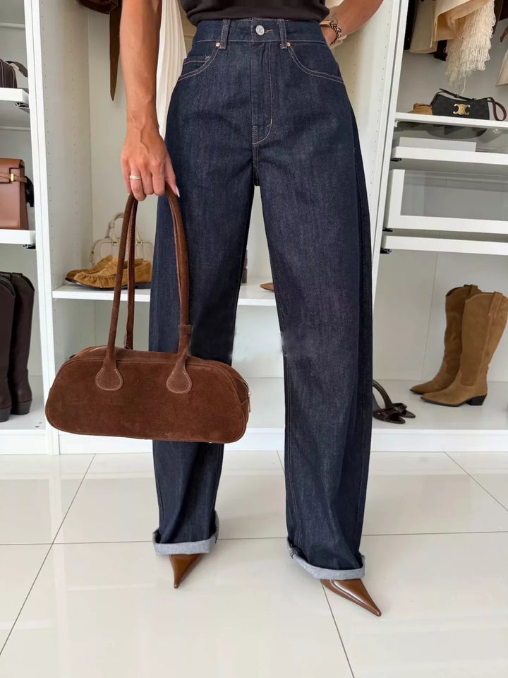 Single-breasted denim blazer and wide-leg jeans set