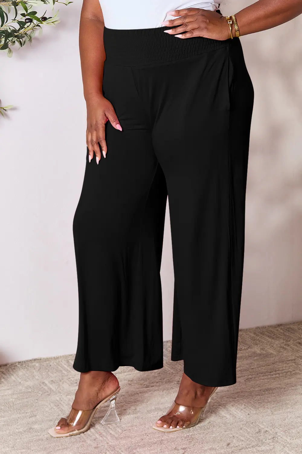 Smocked wide-waistband wide-leg jersey pants with pockets