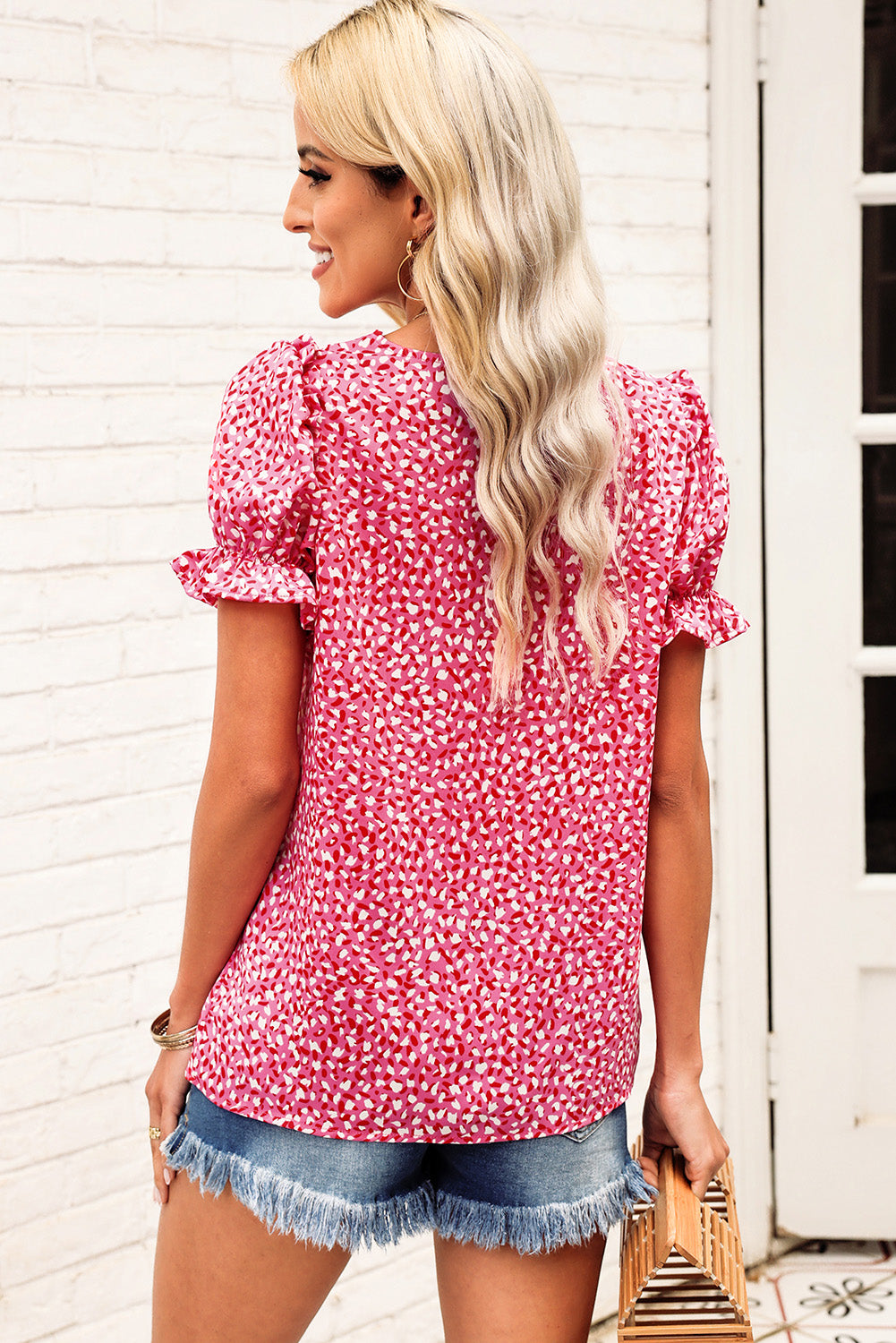Ditsy print flounce-sleeve V-neck blouse