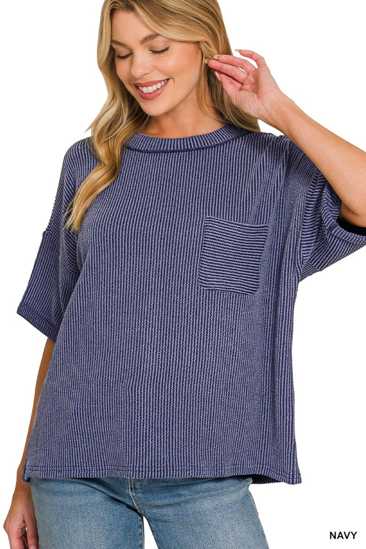 NAVY Ribbed knit short sleeve top with chest pocket