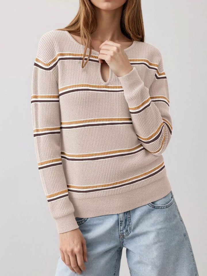 Apricot Striped ribbed knit sweater with keyhole neckline