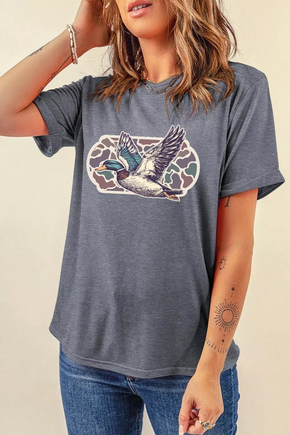Dark Gray Flying mallard duck camo graphic short sleeve tee