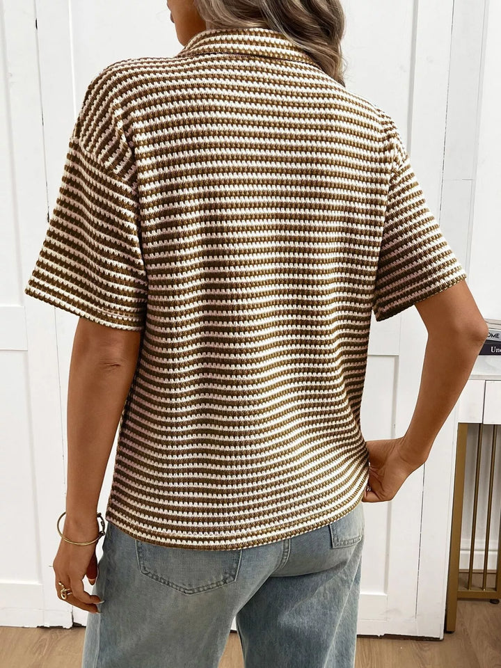 Striped waffle-knit collared short sleeve top
