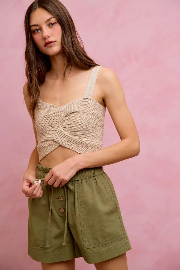 Paper bag waist twill shorts with button front and patch pockets